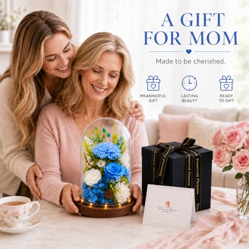 Preserved Flowers in Glass, Preserved Rose with 1 Carnation & 2 Roses, Eternal Real Flowers for Women Mom Grandma, Forever Rose Bouquet for Anniversary Birthday Mother's Day Lasts 3-5 Years - color: Blue