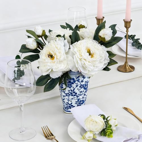 4 PCS Premium White Peonies Artificial Flowers,19.2’’Fake Faux Silk Peonies for Centerpieces Wedding Home Decor (4, White) - color: White