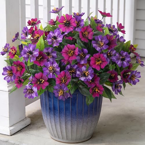 Hrobek Fake Artificial Flowers for Outdoors Decoration,4 Bundles Silk Faux Spring Flowers with Plants Leave UV Resistant for Planter Front Door Porch Yard Patio Window Box Home Indoor Decor - color: Purple,purple Red
