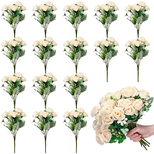 Jexine 16 Pack Artificial Roses Flower Bouquets Silk Fake Cream Flowers Bulk for Bridesmaid Bridal Wedding Party Decor, Home Vase Floral(White) - color: White