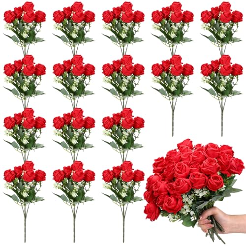Jexine 16 Pack Artificial Roses Flower Bouquets Silk Fake Cream Flowers Bulk for Bridesmaid Bridal Wedding Party Decor, Home Vase Floral(Red) - color: Red