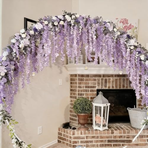 HUAHUA Artificial Wisteria Flowers, White Dense Artificial Fake Wisteria Vine Ratta Hanging Garland Silk Flowers String for Home Party Wedding Decor (24pcs Light Purple) - color: 24pcs Light Purple