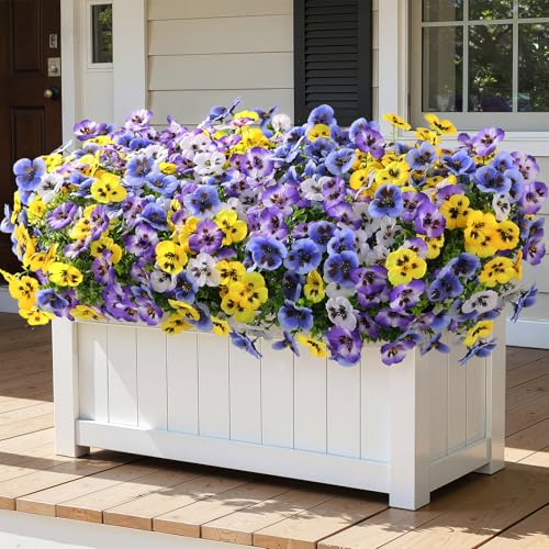 Alupssuc 24 Bundles Artificial Flowers for Outdoors, Fake Spring Flowers for Decoration, UV Resistant Realistic Pansies with Eucalyptus Silk Faux Flowers for Porch Patio Yard, 4 Mix Colors - color: Gradient Purple, Gradient Blue, Yellow, White