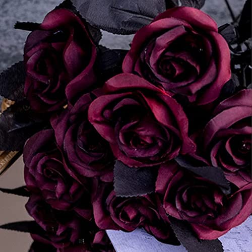 8pcs Artificial Rose Flower, No Fade black roses, ,Single Stem Fake Silk Flowers Realistic Blossom Flora for DIY Home OfficeParty Decoration Bridal Wedding Bouquet Halloween Decoration (Wine red) - color: Wine Red