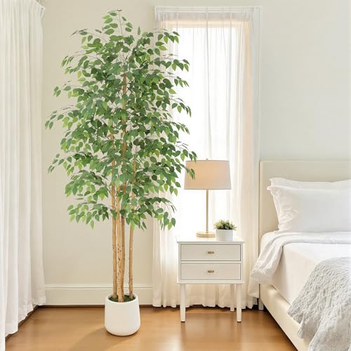 Bellacat 7ft Artificial Ficus Tree with White Decorative Planter & Multiple Real Wood Trunks, 84in Fake Ficus Tree with Lifelike Leaves, Faux Ficus Tree for Living Room Bedroom Office Decor - color: White Decorative Planter, size: 7ft