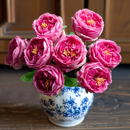 4 Pcs Real Touch Peonies Artificial Flowers, 3.5'' Big Bloom Austin Rose Peony Latex Fake Flower with Stems for Wedding Bouquet Party Valentines Arrangement Home Kitchen (Rose Red) - color: Rose Red