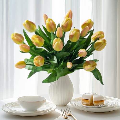 Bailikang 20PCS Fake Tulips 12' Artificial Tulip Silk Flowers Fake PU Bouquet Artificial Flowers Faux Flowers with Gift Box Soft Faux Tulips Bouquets Arrangements for Party Wedding Home - color: Yellow