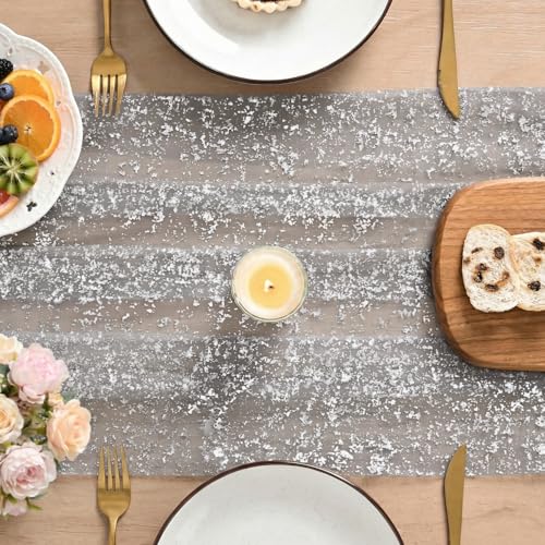 Artoid Mode Grey Gold Gauze Table Runner 120 Inch 10FT, Glitter Metallic Foil Sheer Dining Wedding Anniversary Holiday Birthday Table Decor for Home Party - color: Grey, size: 28" x 120"
