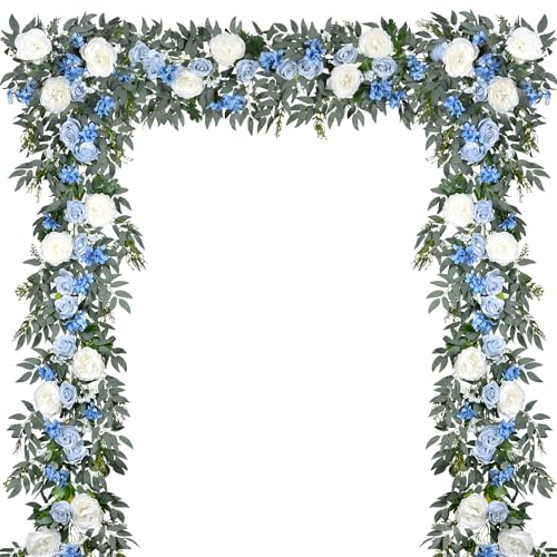DearHouse 2Pack Artificial Peony Flower Garland - 6ft/Strand Silk Peony Flower Greenery Garland with Fake Willow Leaves for Wedding Ceremony Backdrop Party Table Centerpieces Decor (Blue) - color: Blue