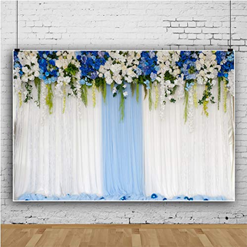 AOFOTO 6x4ft Blue White Flowers Curtain Wedding Backdrop Romantic Floral Wall Drapes Bride Groom Ladies Girls Photoshoot Background for Wedding Reception Ceremoney Birthday Cake Table Decor Banner - size: 6x4ft