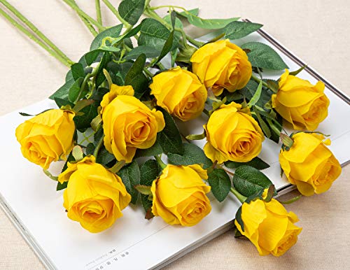 10pcs Artificial Rose Flowers Long Stem Fake Silk Roses for DIY Wedding Bouquet Table Centerpiece Home Decor (Yellow) - color: Yellow