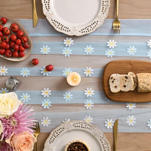 Artoid Mode Sky Blue Daisy Gauze Embroidery Table Runner 120 Inch 10FT, Tulle Seasonal Spring Kitchen Dining Holiday Table Decor for Home Party - color: Sky Blue