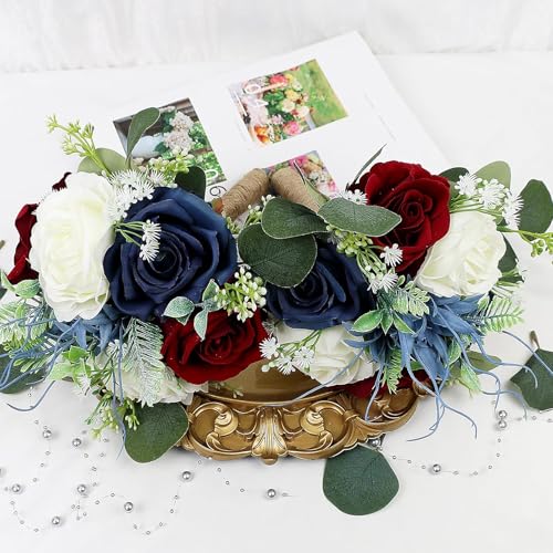 Bridesmaid Bouquets for Wedding 1 Pack - 9 Inch Artificial Flowers Bouquets for Ceremony Anniversary Centerpieces Decorations - Burgundy & Navy Blue & White - color: Burgundy & Navy Blue, size: Set of 1 Bridesmaid Bouquets