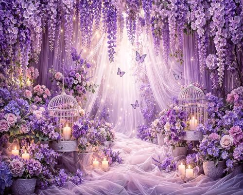 6x4ft Purple Butterfly Floral Backdrop for Photography Butterfly Flowers Girls Party Decorations Background Wedding Birthday Baby Shower Party Cake Table Decor Banner Photo Booth Props - color: Purple01, size: 6X4FT
