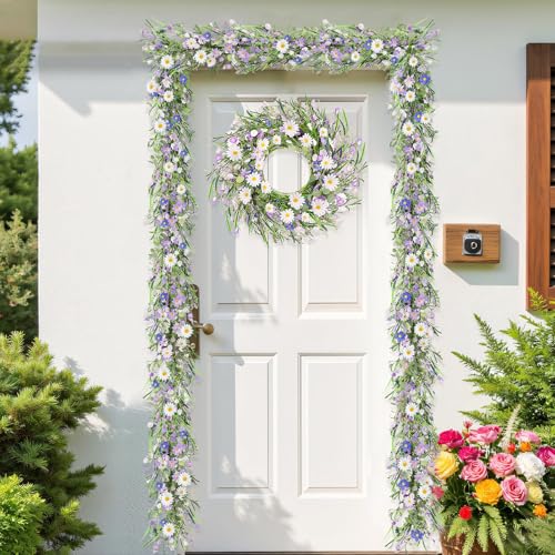 6ft Summer Daisy Garland with Flowers, Faux Daisy and Lavender Flower Garland Artificial with Floral Lanvender for Baby Shower Wedding Mantle Fireplace Table Centerpiece Decor - color: Lavender