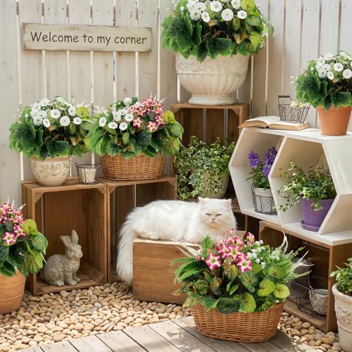 20 Pcs Artificial Plants Outdoor, Realistic Faux Greenery & Flowers UV Resistant Fake Plastic Begonia Morning Glory Eucalyptus Fern for Outdoor Decorations Patio Garden Front Porch Yard Decor
