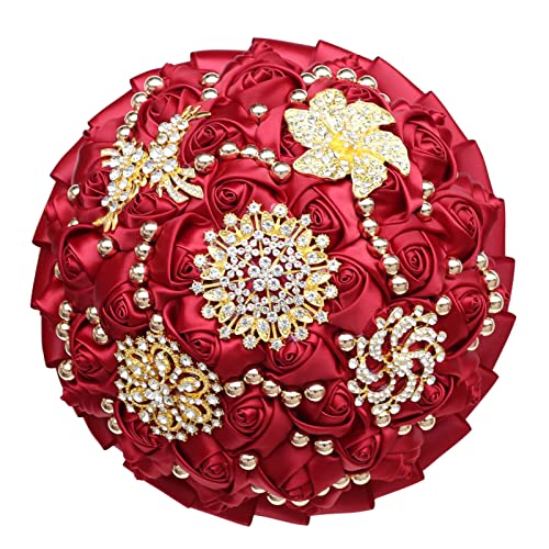 Burgundy Bridal Wedding Bouquet Luxury Gold Rhinestone Brooch Bouquet for Bride Bridesmaid Quinceanera Satin Rose Artificial Flower Bouquet Wedding Burgundy 8.3in - color: Burgundy, size: Diameter: 8.3 inches