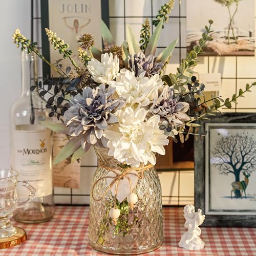 Der Rose Fake Flowers in Vase Silk Artificial Navy Blue Flowers Arrangements with Glass Vase for Dinning Coffee Table Centerpieces Home Kitchen Farmhouse Wedding Decor - color: Blue