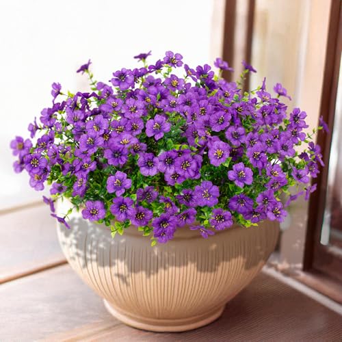LikSoor 16 Bundles Artificial Flowers Outdoor Spring Summer Decoration Fake Silk Colorful Daisy Eucalyptus Realistic UV Resistant Outside Faux Plants for Garden Porch Window Box Home Decor (Purple) - color: Purple