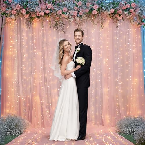 10ft x 10ft Peach Backdrop Curtain Panels with Lights String for Parties, Sheer Tulle Wedding Photo Backdrops Drapes for Baby Shower Birthday Party Decorations Background for Photography - color: Peach, size: W5' x H10'(2 panels)