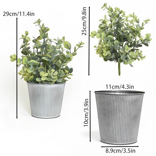 3-Pack Artificial Eucalyptus Plants in White Ribbed Galvanized Metal Pots, Small Fake Greenery Potted Plants for Home Decor, Rustic Farmhouse Table Centerpiece for Kitchen, Bathroom, Bedroom & Office - color: Eucalyptus Plants