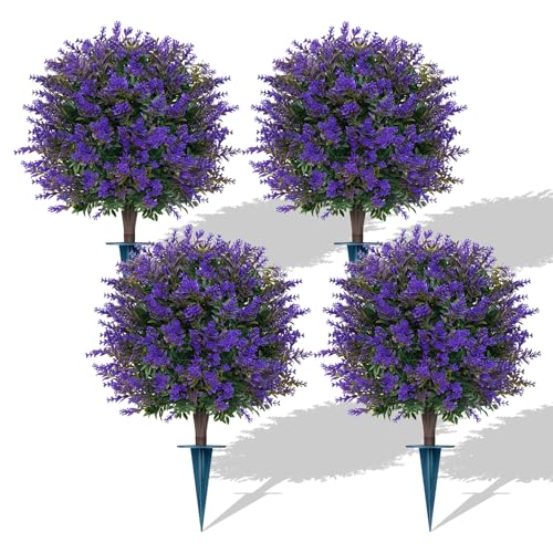 Yangrass Artificial Lavender Boxwood Topiary Ball Trees, 4 Pack Artificial Outdoor Shrubs with Spike, UV Resistant Fake Bushes Plants for Outside Indoors Garden Front Porch - color: Lavender Ball 4pcs
