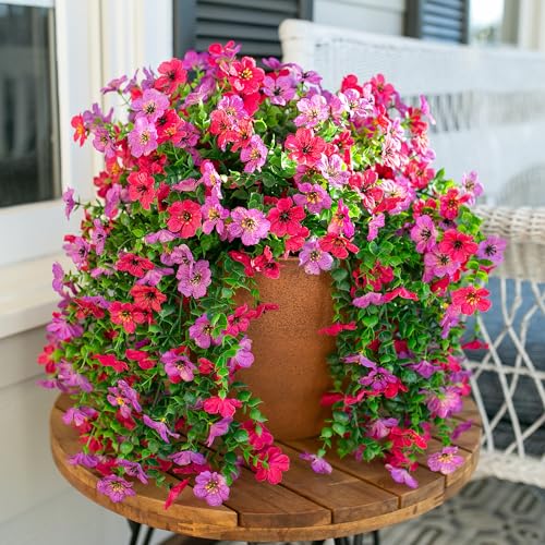 Artificial Faux Hanging Flowers Plants for Outdoor Decor, 2 PCS Outside Fake Silk Violets with Eucalyptus UV Resistant Realistic Daisy Trailing Vines for Planter Balcony Porch Patio Yard, Purplepink - color: Purplehotpink