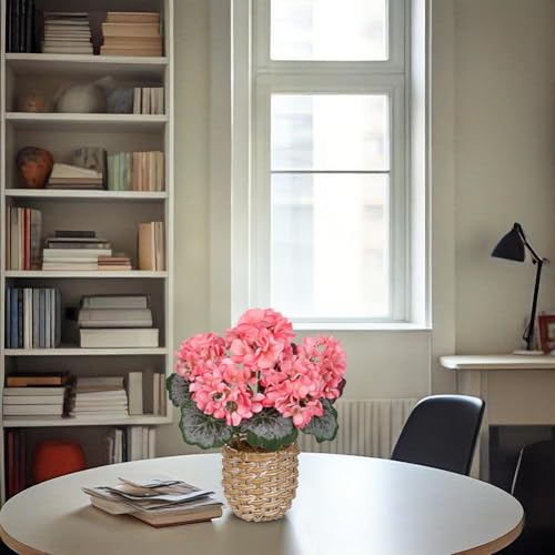 Briful Artificial Pink Geranium Flowers in Woven Basket, 11’’ Tall Silk Flower Arrangement, Realistic Geraniums Artificial Outdoor Plants for Home Indoor Farmhouse Table Wedding Centerpiece Decor - color: 11'' Tall Pink, Woven Basin