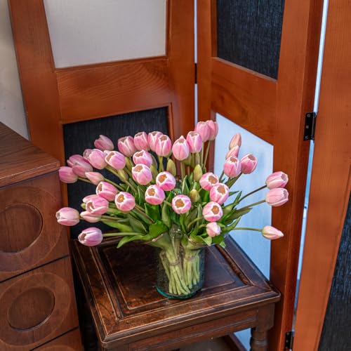 Artificial Tulips Flowers,Soft Touch Latex Bouquet, Fake Tulips,Spring Wedding Home Room Table Centerpiece Decor - color: 60pcs Baby Pink Set(no Vase)