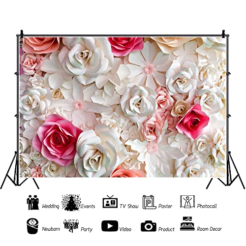7x5ft Pink and White Paper Flowers Background Photography Mother's Day Backdrop Paper Flower Wall Gorgeous Wedding Flower Backdrops Beautiful Bride Baby Newborn Kids Background - size: 7x5ft