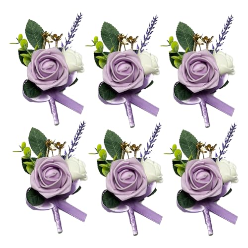 6PCS Purple Lavender Boutonniere for Men, Lilac Boutonniere Pins for Men Groomsmen Guest, Artificial Flowers for Wedding Decor Prom Homecoming - color: Lavender Purple