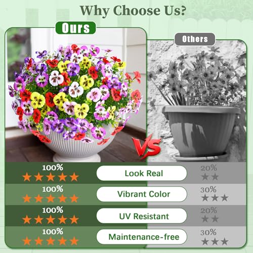 MARTINE MALL 12 Bundles Look Real Artificial Flowers for Outdoors, Realistic Fake Outdoor Flowers, UV Resistant Silk Pansy Flowers for Outside Faux Flowers Plants for Outdoor Porch, Four Mix Colors - color: Yellow+white+purple+red+light Pink+light Purple,