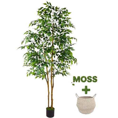 Warmplants Artificial Ficus Tree, 7ft Silk Fake Ficus Leaves Plant with Basket, Indoor Outdoor Faux Green Tree for Home Garden Office House Livingroom Décor - color: Ficus, size: 7ft