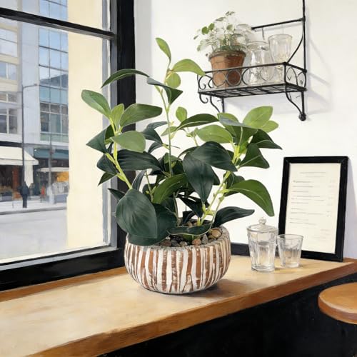 Artificial Potted Plants Life-Like Fake Plant with Farmhouse-Style Cement Planter Feturing Light Wood Tone for Room Bathroom Bedroom Kitchen Office Dese Coffee Table Décor (12.8inch) - size: Ficus 12.8inch