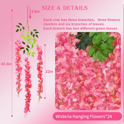 24 PCS Wisteria Hanging Flowers, 3.6ft Fake Wisteria Vines Artificial Wisteria Garland Silk Flower String for Wedding Arch Garden Party Home Ceiling Wall Backdrop Tent Decoration (Pink) - color: Pink, size: 24 Pack
