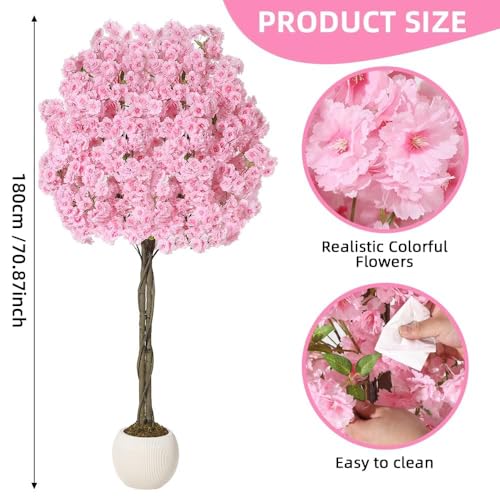 6Ft Artificial Cherry Blossom Tree, Pink Silk Flowers with Natural Wood Trunk, Realistic Fake Tree in Decorative Pot for Home Decor Indoor, Living Room, Office, Wedding, Spring Decoration