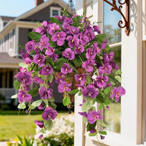 INQCMY Artificial Hanging Flowers for Outdoors, 2PCS Faux Azalea UV Resistant No Fade Spring Home Decor, Realistic Fake Flowers Spring Decoration for Porch Patio Garden Yard (Purple) - color: Purple