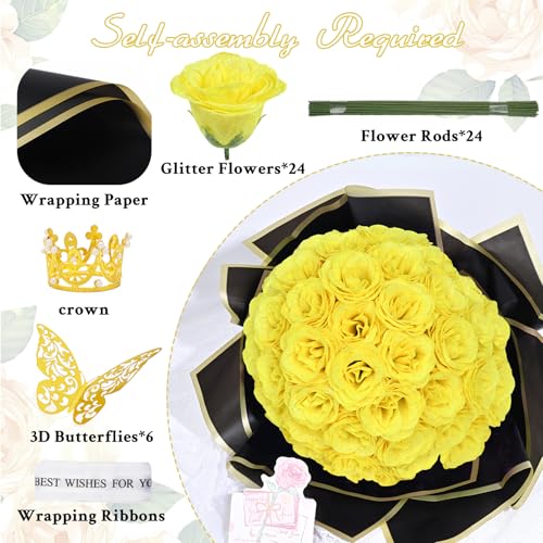 Waipfaru Yellow Glitter Roses Bouquet, DIY Flowers Bouquet, Birthday Gifts for Women Mom Grandma Wife Girlfriend, 24 Pcs Fake Rose for Valentines, Mothers Day, Anniversary, Graduation Gifts - color: Yellow, size: 24pcs