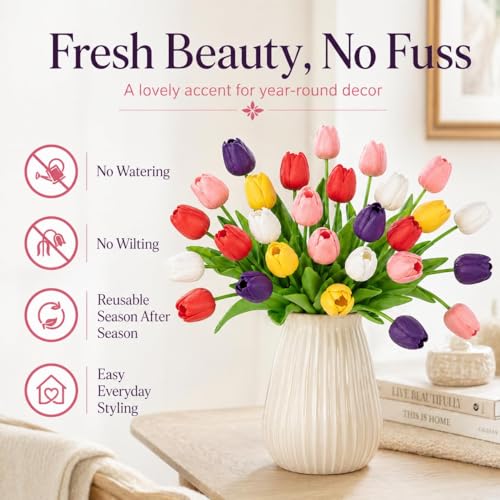 MACTING 30PCS Artificial Tulip Flowers 13.7" Fake Flowers Real Touch Faux PU Tulips Bouquet for Floral Arrangement Table Centerpieces Home Indoor Summer Mothers Day Decorations,Multi Colors-2 - color: Mix Color2