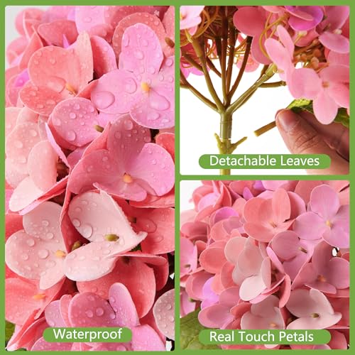 Real Touch Faux Hydrangea Flowers in Glass Vase, No Watering Needed Silk Hydrangea Artificial Flowers for Farmhouse Wedding Decor Dining Table Centerpiece Bedroom Decor - color: Fuchsia