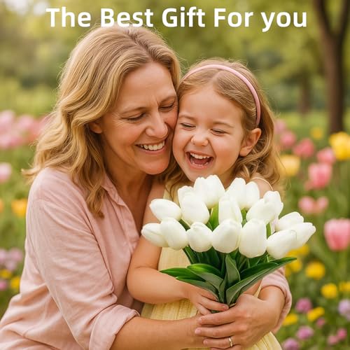 20 Pcs Tulips Artificial Flowers, 13.5'' Real Touch PU Fake Flowers Bouquet for Home Party, Spring Wedding Floral Arrangement, Valentine's, Easter and Mother's Day Decor (White) - color: White