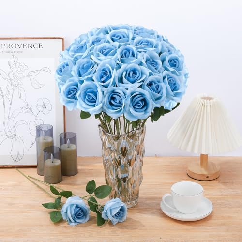 150 Pcs Roses Artificial Flowers, Silk Light Sky Blue Artificial Flowers Petals Long Stem Roses for Wedding Bouquet Home Party Decor - color: Light Sky Blue