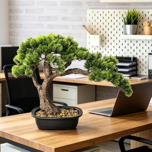 Artificial Bonsai Tree, Large Faux Pine Plants 15 inch, Faux Juniper Potted Plants Indoor Decor for Office Desk Home Table, Greenery Desktop Bonsai Plant for Room Decorations, Tall 15" - style: A-Bonsai (15 Inch)