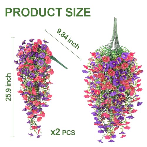 Artificial Hanging Flowers for Outdoors, 2PCS 300 Blooms UV Resistant Morning Glory Vine Fake Flowers with Eucalyptus, Realistic Silk Faux Hanging Plants Decor for Outside (Rose Red and Purple) - color: Rose Red and Purple, size: 2PCS
