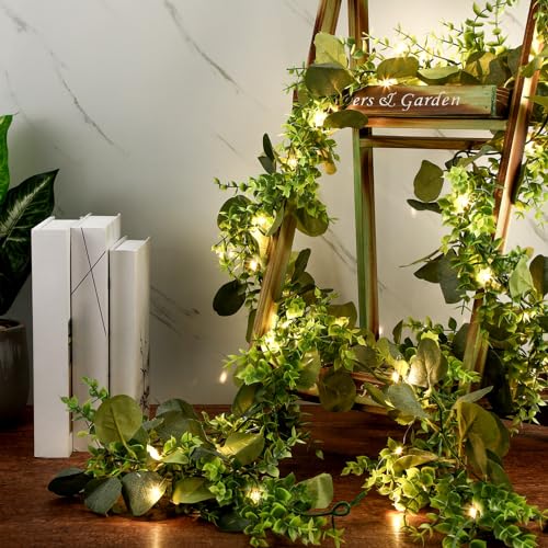 2 Pack 6 ft Artificial Eucalyptus Garland with Lights Spring Summer Green Faux Garlands Fake Eucalyptus Greenery Leave Vine Garland for Wedding Party Indoor Outdoor Home Table Fireplace Mantel Decor