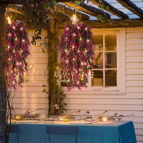 SJL 4pcs Long Fake Plant Faux Hanging Plants Indoor with Lights Artificial Hanging Greenery for Outdoors Ivy Hang Plastic Long Stem Leaves Decor for Wedding Home Office Party Room (Fuchsia) - color: Fuchsia Laven With Lights