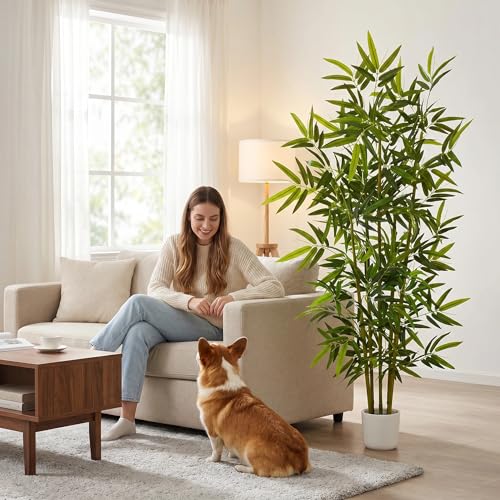 Warmplants Artificial Bamboo Tree, 6ft Tall Fake Bamboo Plant with White Planter, Faux Trees with 5 Trunks and Lifelike Leaves for Indoor Outdoor Home Office Décor - color: Bamboo, size: 6ft