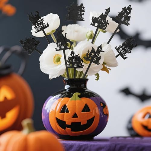 TICIAGA Halloween House Wooden Picks - 14PCS Haunted House Double-sided Decorative Pick for Home Vase Filler Wood Silhouette Black Pumpkin Boo Ghost House Floral for Halloween Party Home Kitchen Decor - color: Halloween House