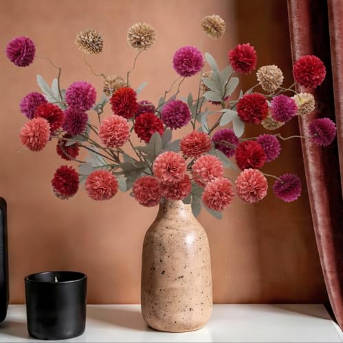 INQCMY Artificial Flowers 12 Pcs Fake Chrysanthemums Faux Kiku Flower Long Stem 20" Realistic Silk Pompon Mums for Vase Wedding Bouquets Centerpieces Home Decor (Deep Orange Red Coffee Deep Purple) - color: Deep Orange Red Coffee Deep Purple