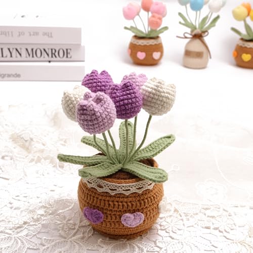 Crochet Simulation Tulip Potted Plants, Simulation Crochet with Long Flowers, Hand Crochet Lovely Woven Potted Plants, Home Office Desk Ornaments, Shop Decorative Flowers (6 Flowers-Purple) - color: Purple a, size: A